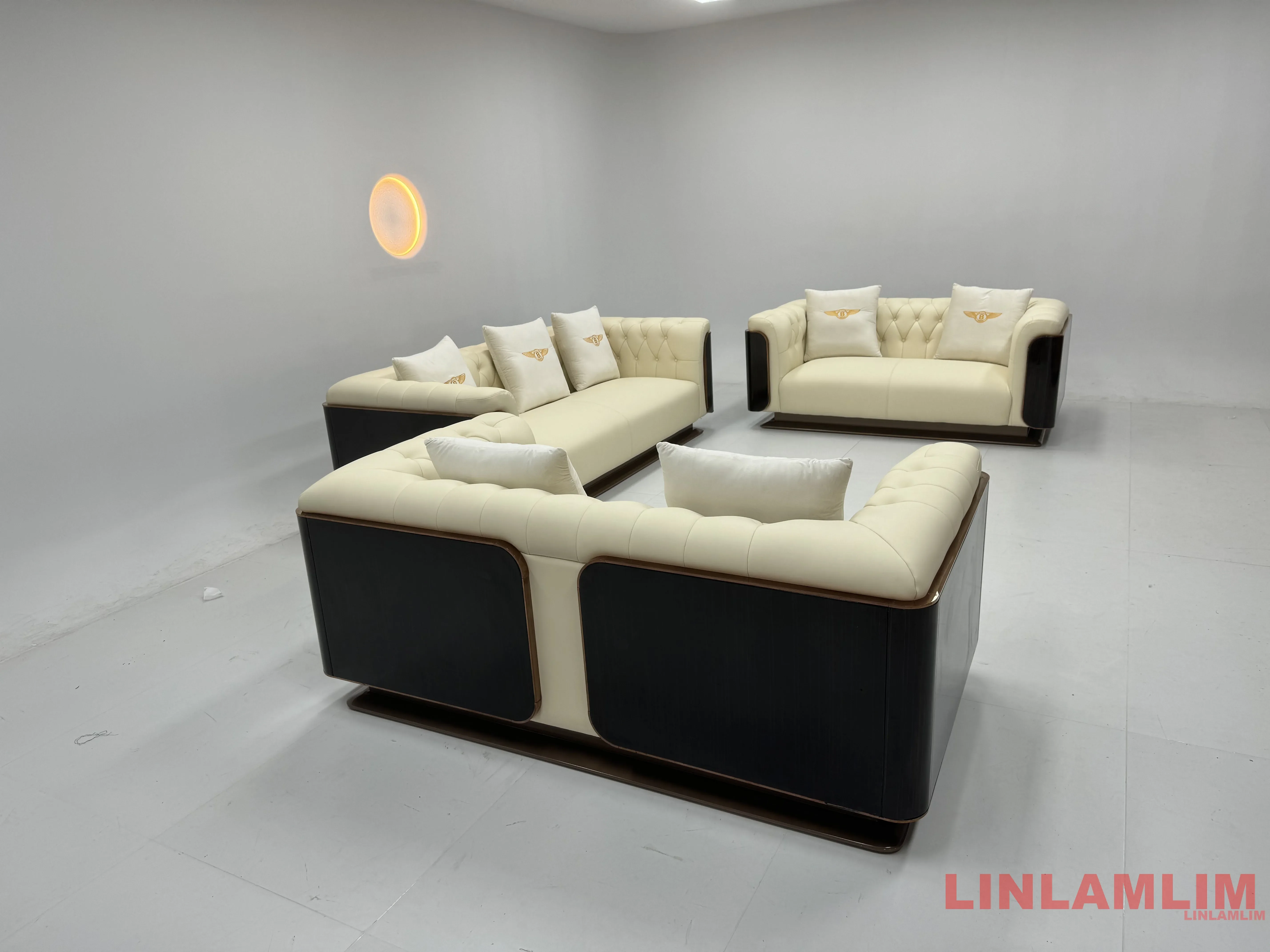 Modern Chesterfield Tufted 3-Seater Sofa with Armchair, Luxury Piano Lacquer Genuine Leather Sofa Set, Gold Stainless Steel Base