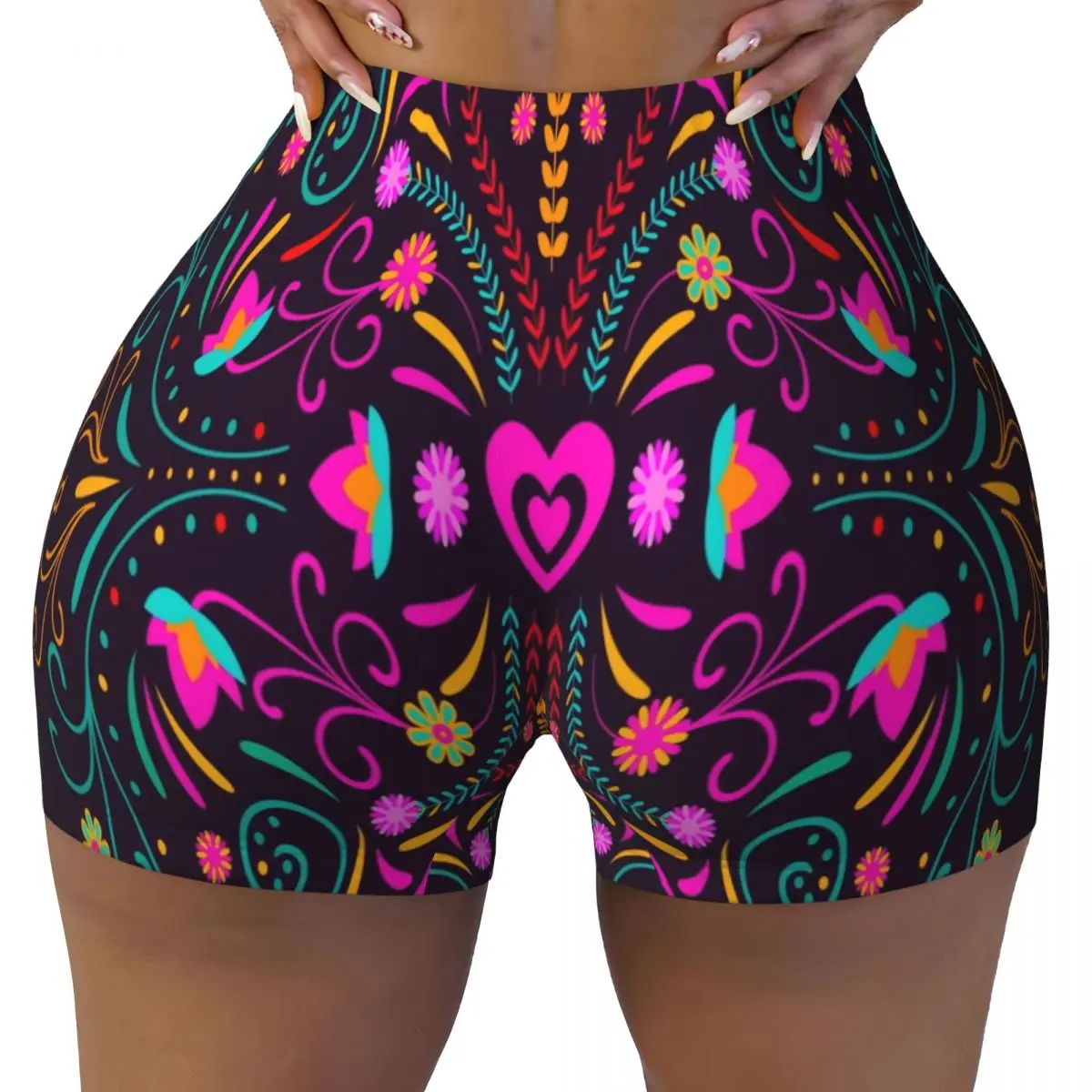 Custom Women Mexican Flowers Otomi Embroidery Art Pattern Workout Yoga Shorts Gym Athletic Running Volleyball Shorts