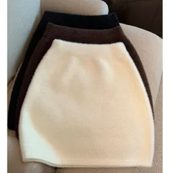 Slim Sexy High Waist Wrap Hip Black Furry Skirt Women Mini Skirt Winter Bottom Wild Woolen Elegant Korean Y2K Bar Warm Fleecing
