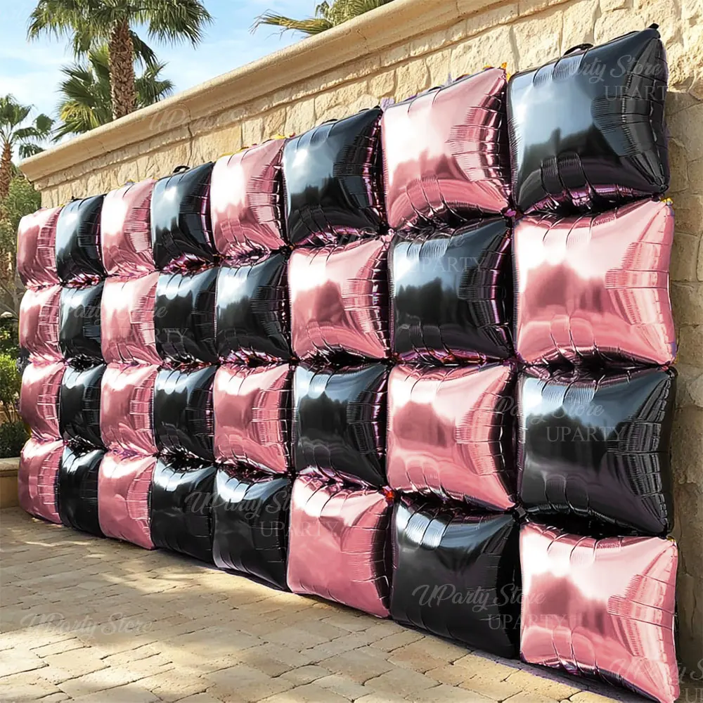 

50/25pcs Black Pink Square Foil Balloons Wall Black Hot Pink Backdrop Balloons for Birthday Anniversary 2025 Wedding Party Decor