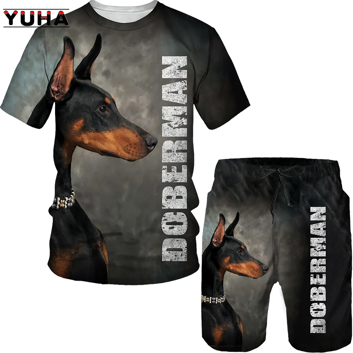 YUHA, Summer Doberman 3D Printed T Shirt and Men\'s T-shirts Shorts Fashion Sportswear Tracksuit O Neck Short Sleeve Mens Clothes