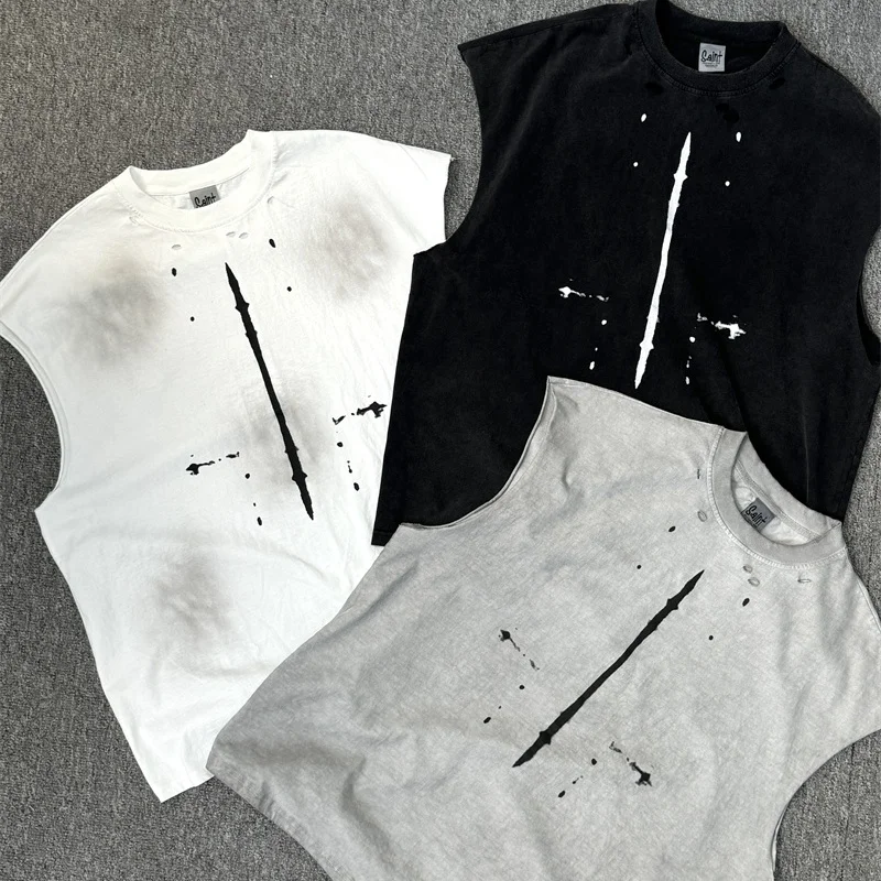 

Летняя мужская и женская футболка без рукавов Saint Broken Hole High Street Лучшее качество Винтаж Черный Серый Белый Топ Жилет Свободный Повседневный