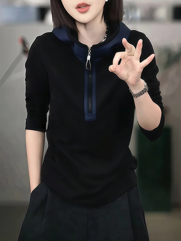 Pure Cotton Black Long Sleeve Hooded T-Shirt Women's Half Zipper Spring Autumn New Style High Sensation Inner Wear Base Shirt...