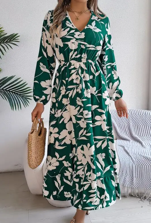 Women's Dress Summer New French Fashion Elegant Style Flower Print Deep V-Neck Lantern Sleeves High Waisted A-Line Dress