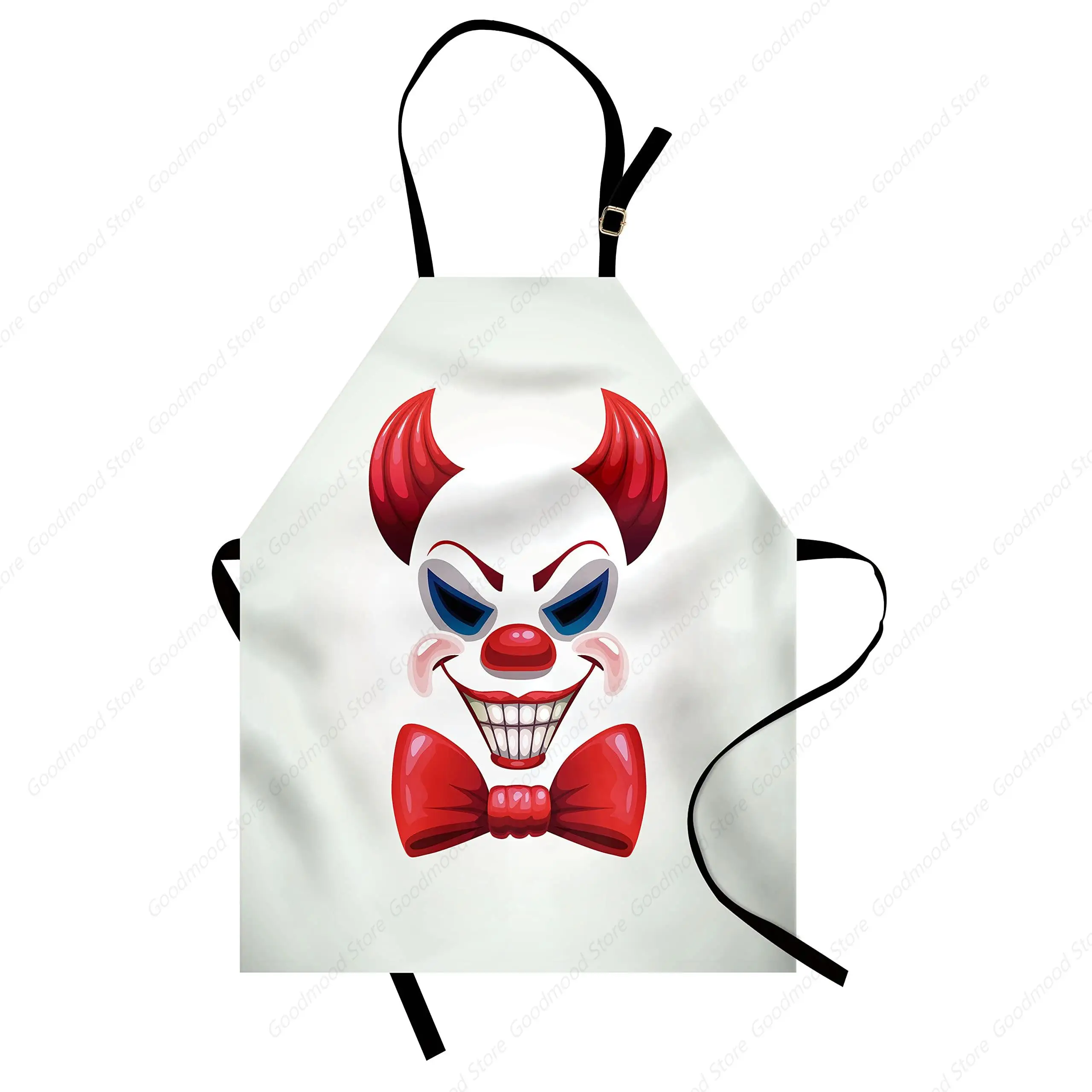 Halloween Apron, Creepy Horror Clown with Scary Smile and Bow Tie Cartoon Style, Unisex Kitchen Bib with Adjustable Neck