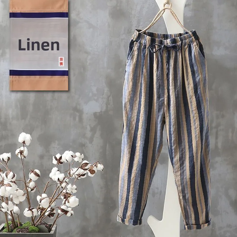 Pantaloni casual estivi da donna a nove pezzi a righe retrò Pantaloni larghi in cotone e lino di grandi dimensioni Harlan Carota Pantaloni da pendolarismo Sle Elastico...