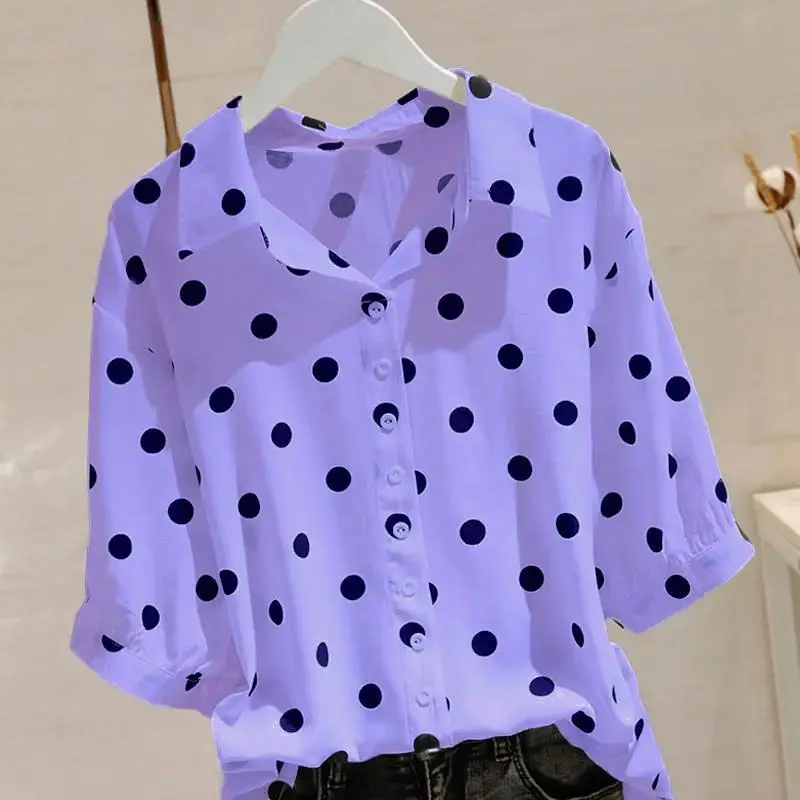 Fashion Printed Lapel Button Loose Polka Dot Blouse Female Clothing 2023 Summer New Oversized Casual Pullovers Office Lady Shirt