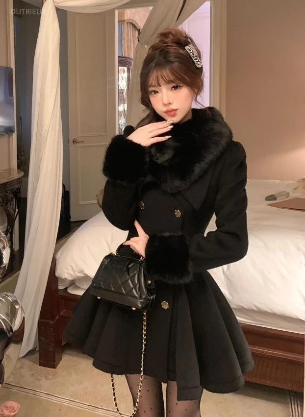 Abrigo holgado elegante con pequeña fragancia para celebridades, mezcla de lana de Moda, prendas de vestir de longitud media con cintura delgada, chaqueta Vintage de estilo francés para invierno