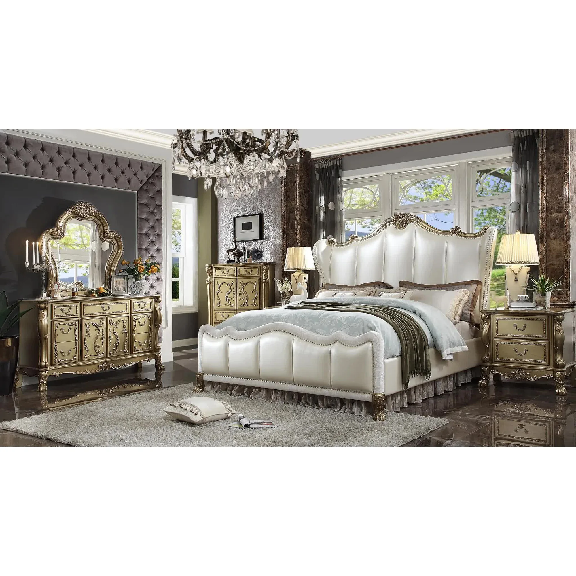 Deluxe classic bedroom set, customizable size, made of solid mahogany, hand-carved, suitable for use in hotel villa apartments