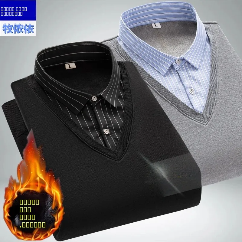 

Thiened Fce Lined Knitted Base Layer Underwear irt Collar Sweater for Middle-Aged And ly Men Busin Sle Casua...