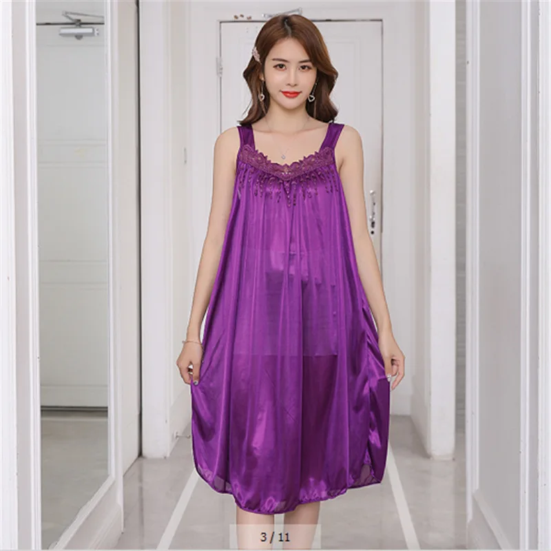 Large Size Ice Silk Halter Nightgown Female Summer Sexy Lace Nightgown Dress School Pajama Solid Colour Easy to Clean Home Wear