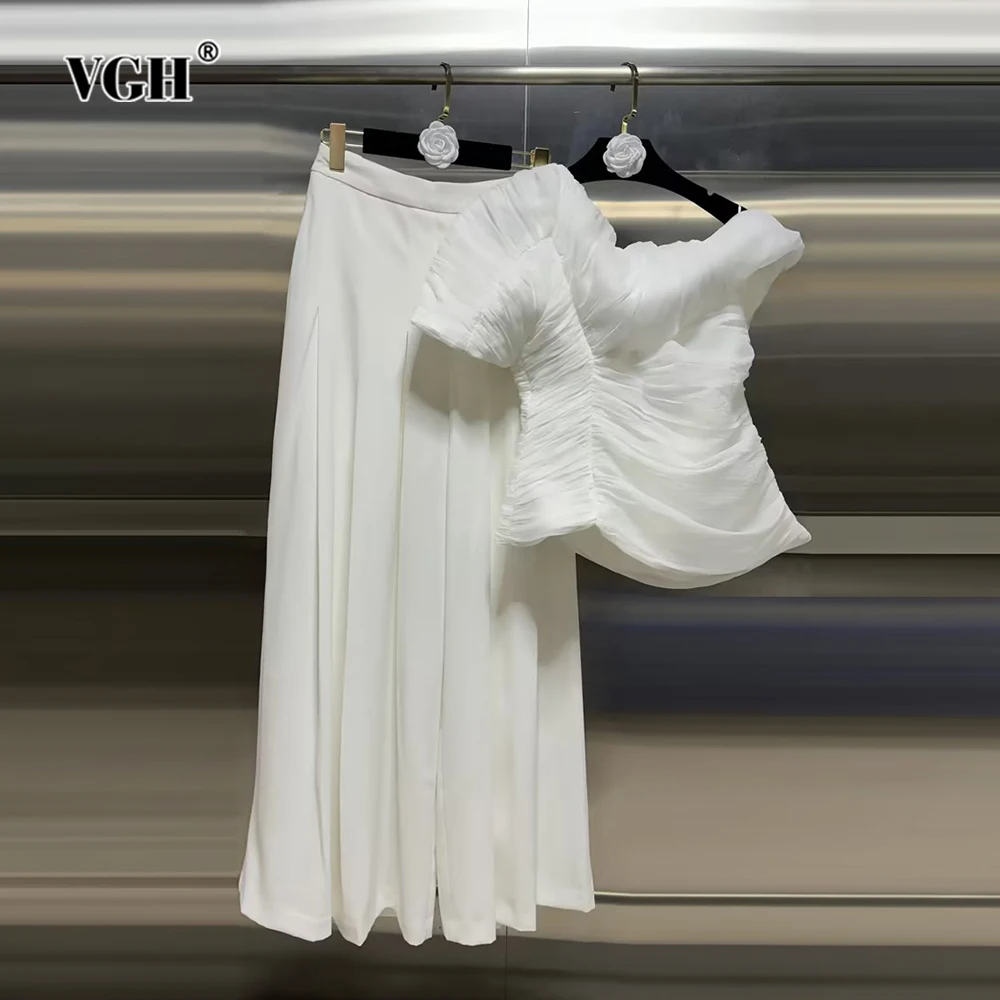 

VGH Casual Two Piece Sets For Women Diagonal Collar Short Sleeve Folds Top High Waist Loose Shorts Skirts Solid Set Female New