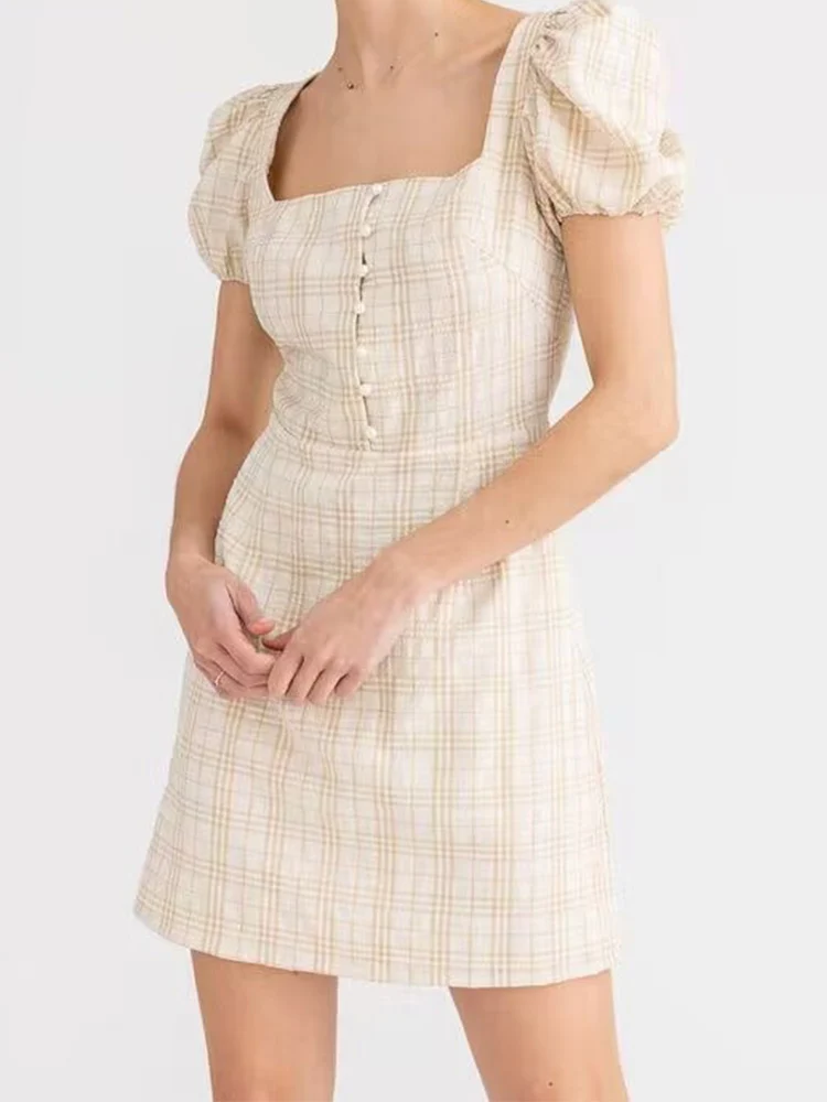 Australian niche design mid-length square neck waist plaid backless puff sleeve dress