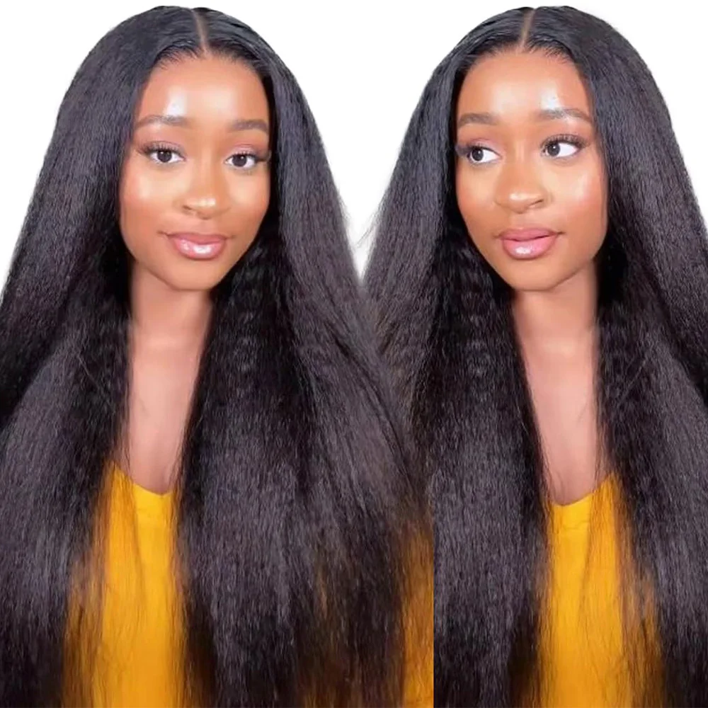 

Парик V-образной формы из натуральных волос, прямой, с эффектом Yaki, 220% плотность, для женщин, без клея, не требует вырезания собственных волос, натуральный черный цвет