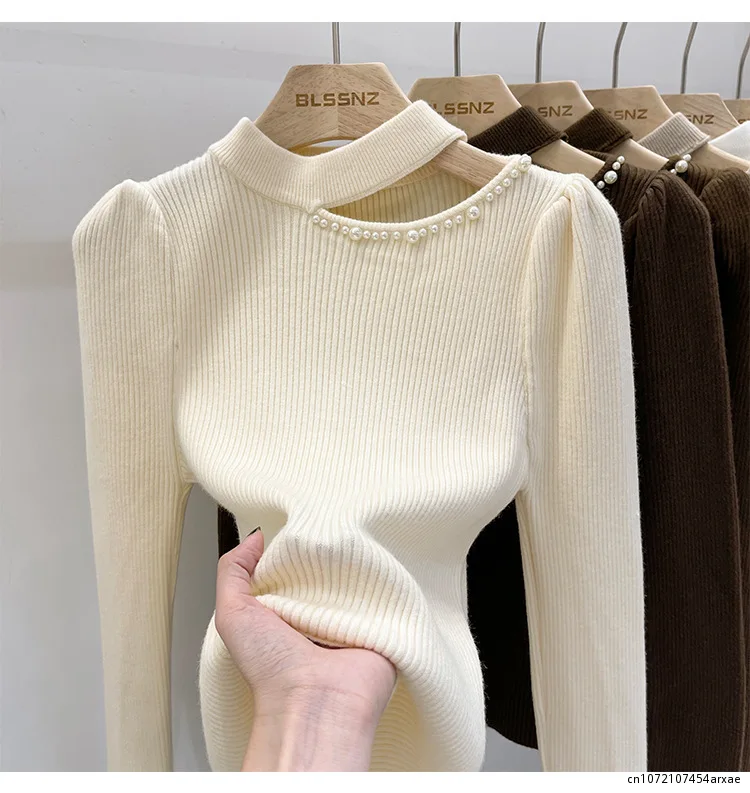 New Spring Autumn Women Sweater Halter Neck Design Hollow Out Solid Color Long Sleeve Slim Bottoming Knitted Tops 2023