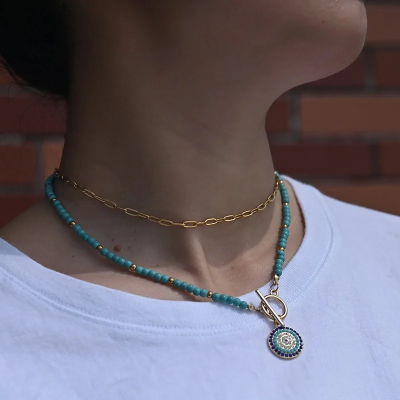 New Lucky Evil Eye Necklace for Women Vintage Colored Bead Evil Eye Pendant Necklaces Layered Jewelry Gifts Christmas Gift