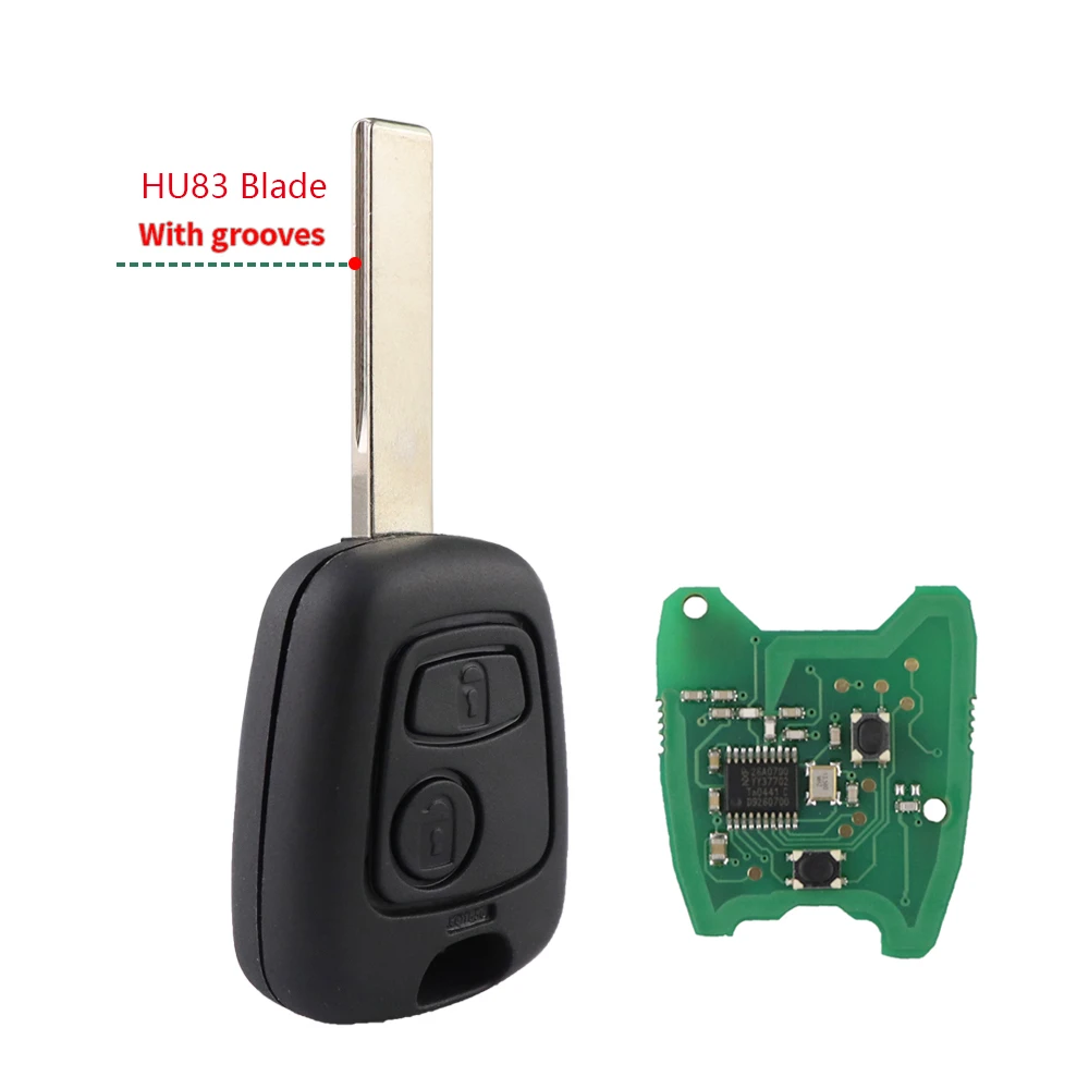 Chave remota do carro para Toyota, AYGO, Citroen C1, C2, C3, Peugeot 307, 107, 207, 407, Lâmina HU83 VA2, 2 botões, Keyless, sem logotipo, chip PCF7961