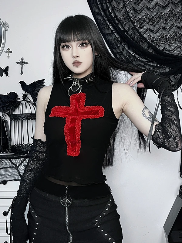 Top damski Loween K Gothic Sle Cross Bal Tank Top, słodko-pikantny, odzież sceniczna up Bla, ort irt