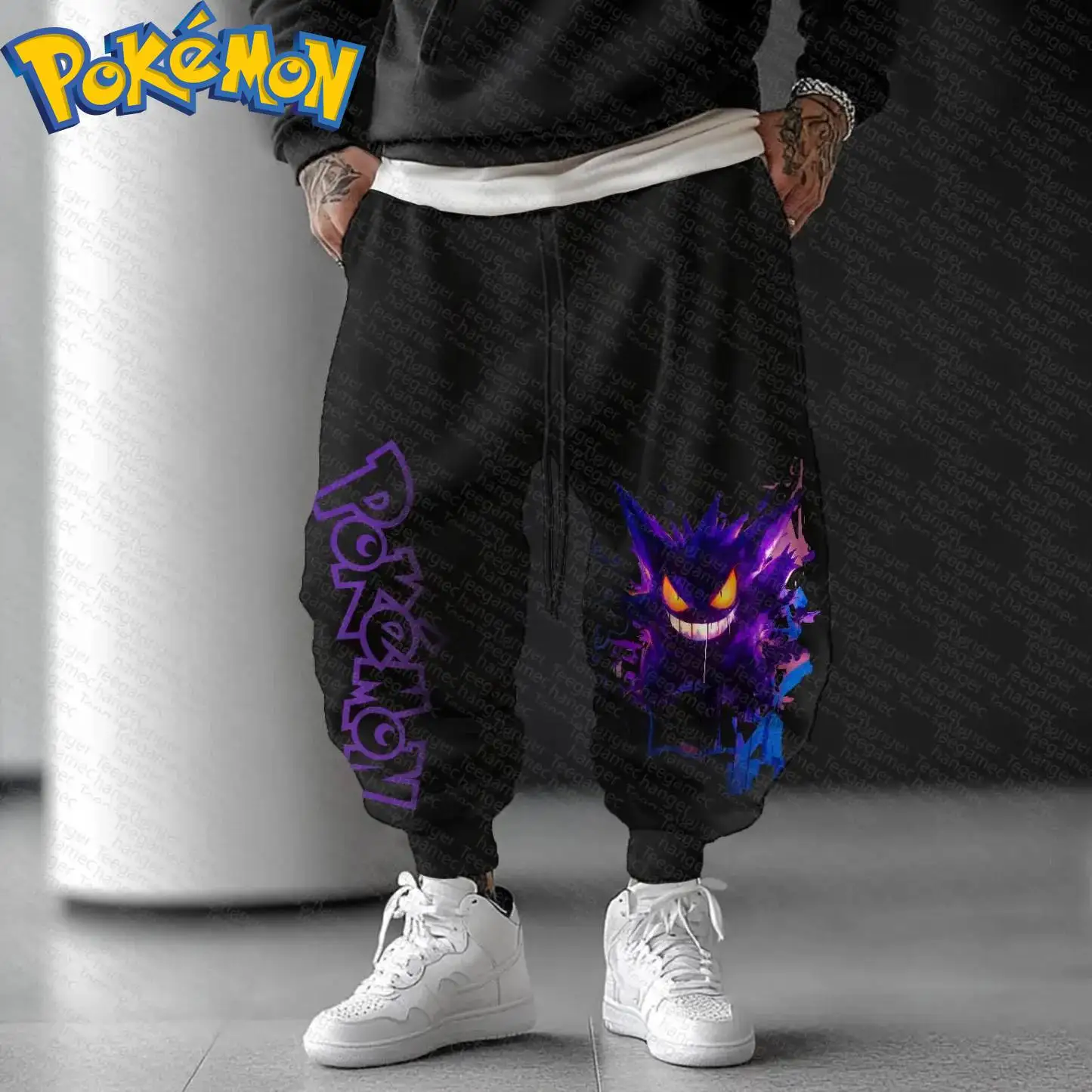 Pokemon Anime Gengar Baumwolle Hoodie Harajuku Hosen Set Schwarz Lila Geistermuster mit leuchtenden Augen Scharfe Zähne Design Zweiteiler