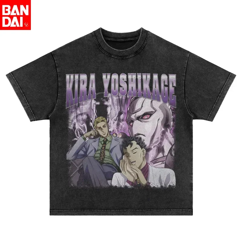 

Vintage Washed Anime JoJo's Bizarre Adventure T Shirt Men Kira Yoshikage Graphic Print Oversized T-Shirt Hip Hop Short Sleeve