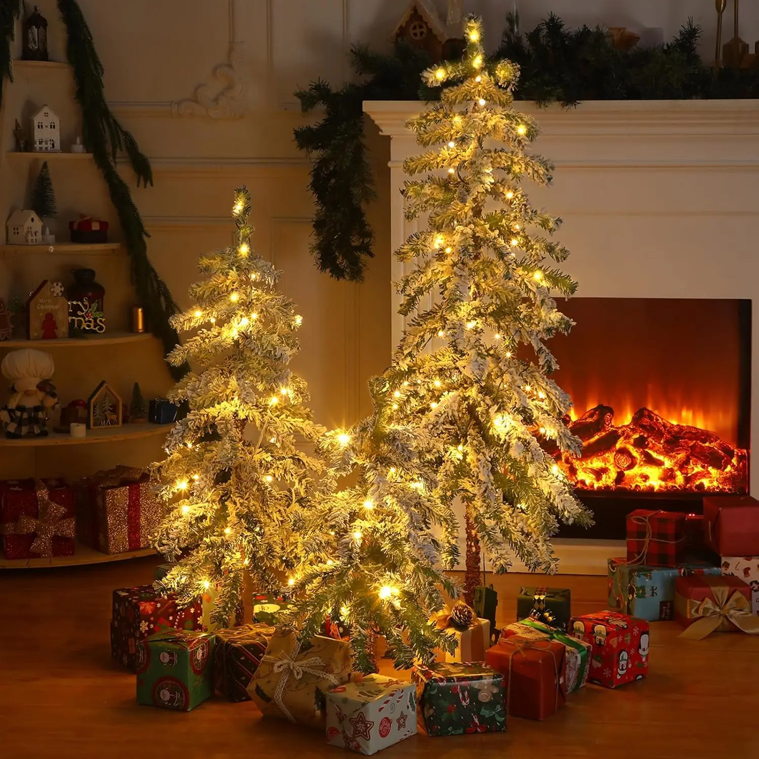 مجموعة شجرة عيد الميلاد الاصطناعية الطبيعية المتدفقة مكونة من 3 قطع مع أضواء شجرة عيد الميلاد المتدفقة (شجرة جبال الألب، 2 بوصة 3 بوصة 4 بوصة)