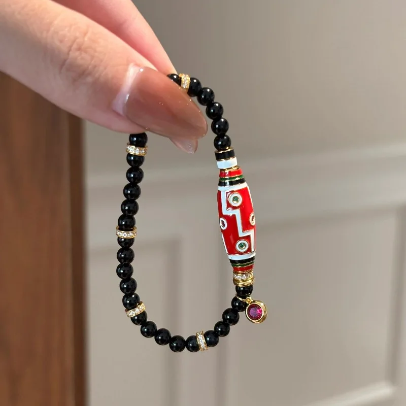 

Retro high-end ethnic style red enamel Beaded bracelets for women inlay diamonds black round bead bangles fashion jewelry gift