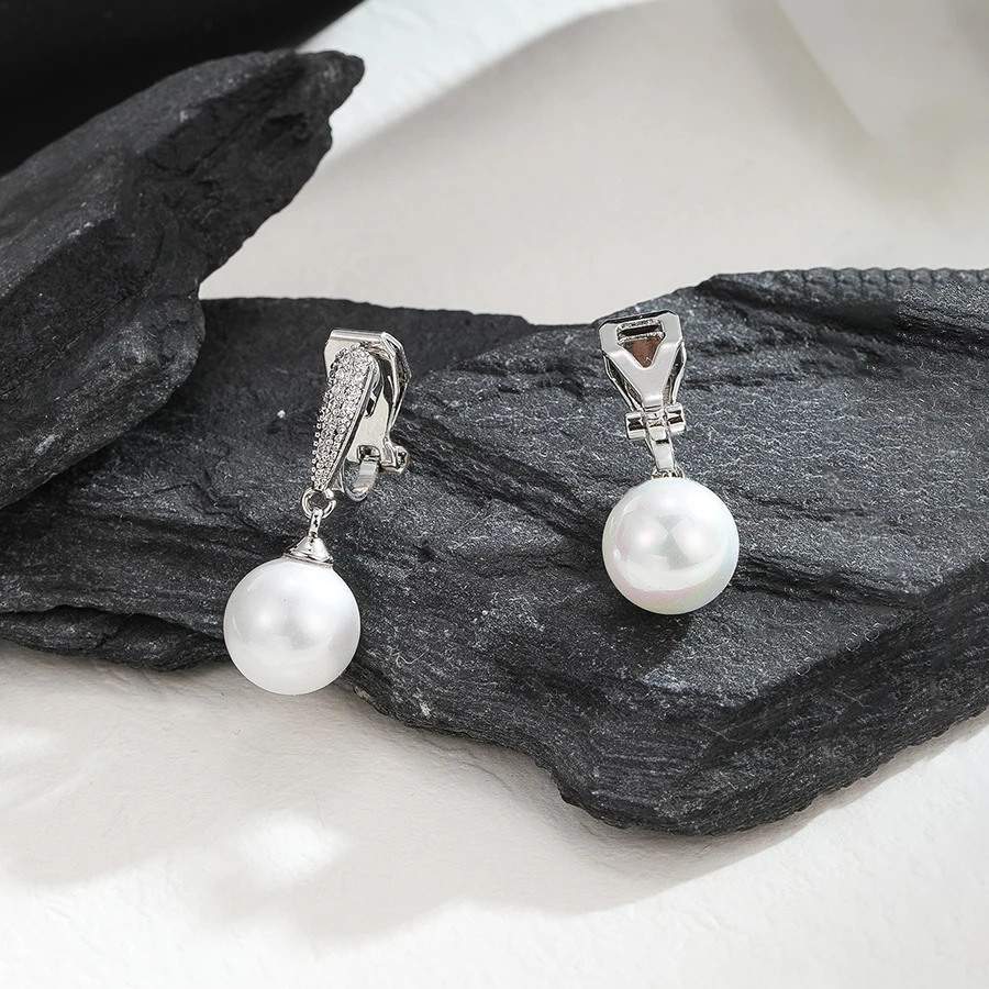 Korean Silver Micro Inlaid Zircon Pearl Clip Earrings for Women Elegant Exquisite Luxury Pendant Earring Wedding Party Jewelry