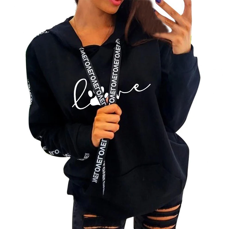 Autumn Fashion Women Casual Long Sleeve Letter Print Sport Hooded Sweatshirt Plus Size Pullover Tops Sweater