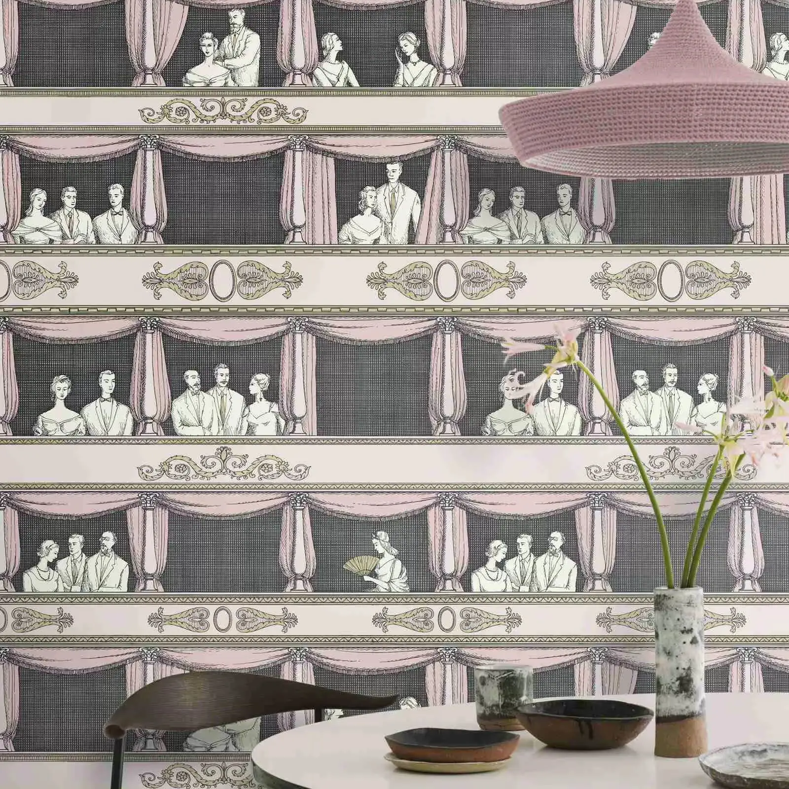 Theatre Wallpaper With Intricate Line Work Features With Sumptuous Curtains.Classical and Contemporary Wall Mural Home Decor