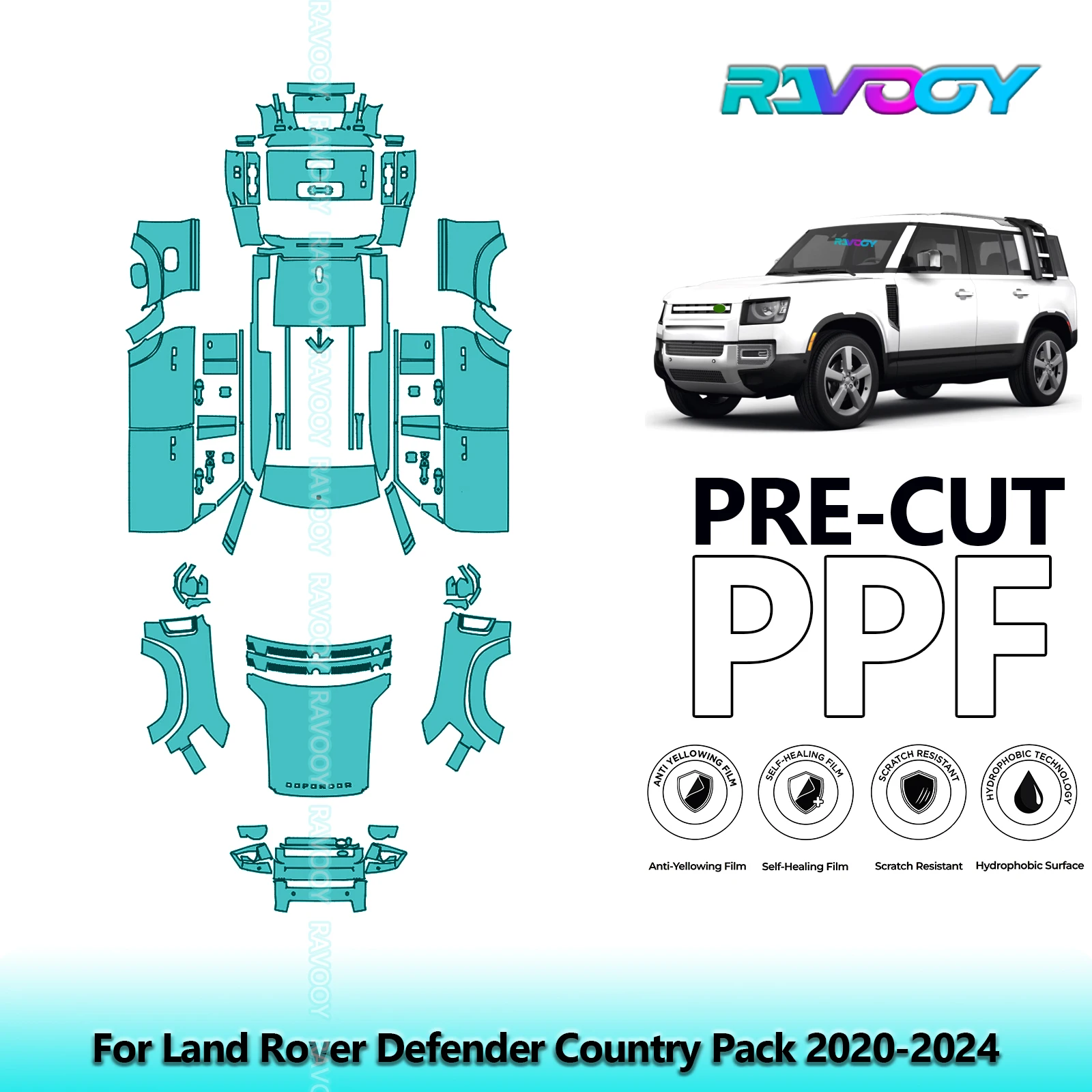 RAVOOY 8.5Mil Custom-Fit Precut TPU PPF Full Vehicle Clear Bra Stone Guard EU UK For Land Rover Defender Country Pack 2020-2024