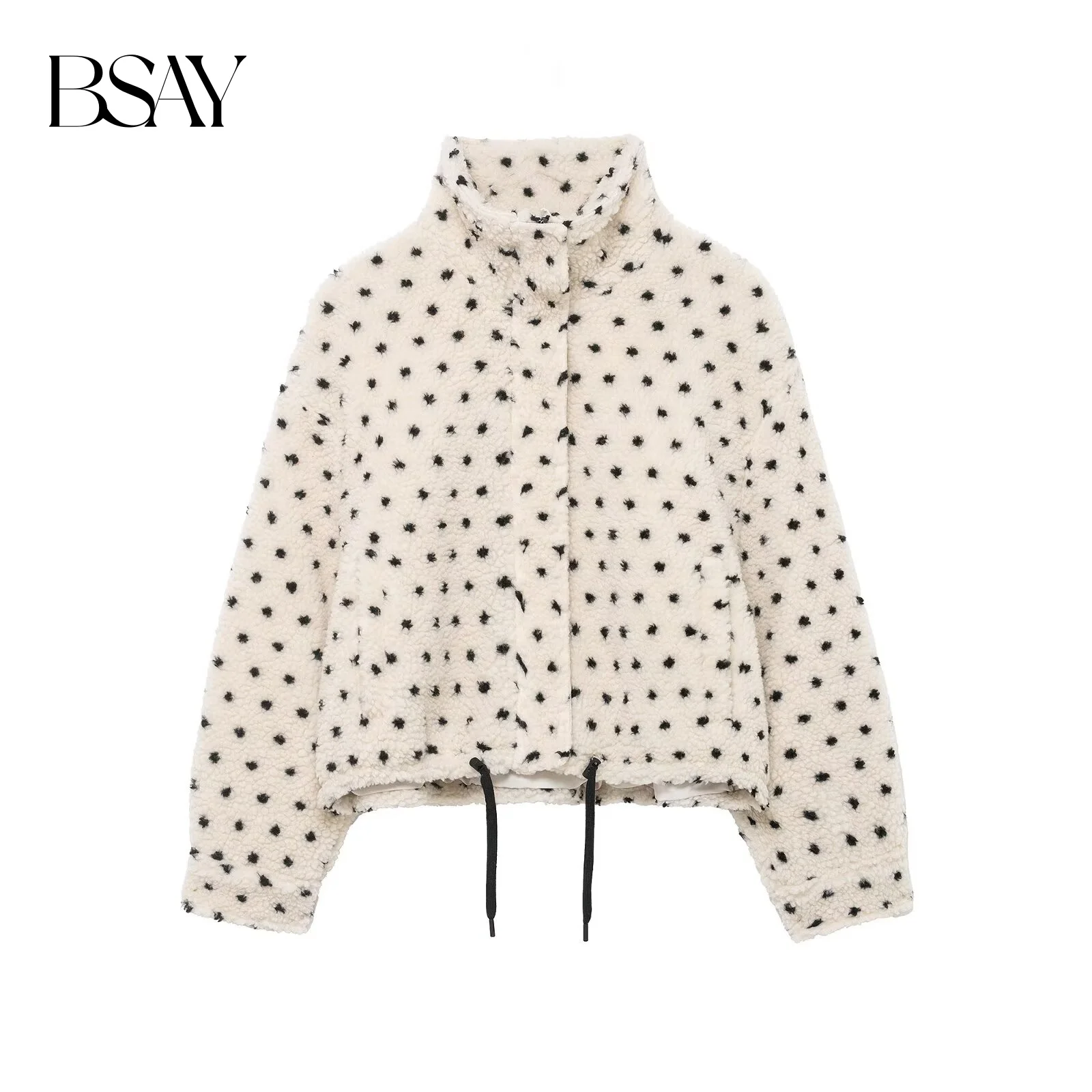 

BSAY Polka Dot Fleece Jacket for Women Fashion Autumn Winter New Long Sleeve Turtleneck Zip Warm Female Short Jackets Coat
