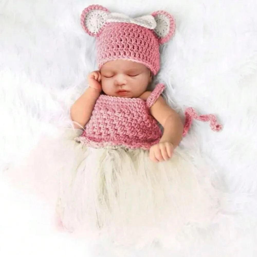 Newborn Photography Outfits Girl Tutu Dress Photo Prop Lace Mesh Splicing Cable Knit Rabbit Hat Romper Infant Photoshoot Clothes