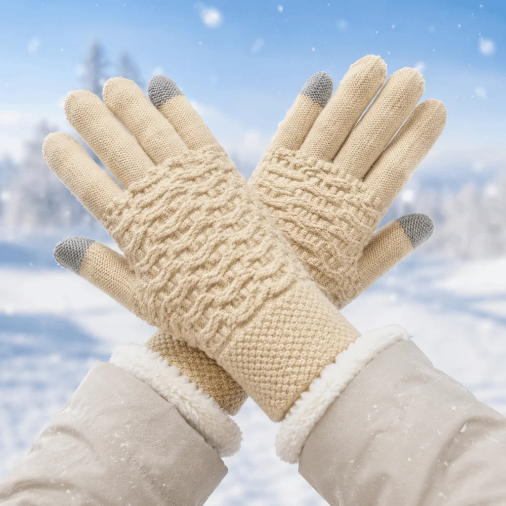 Double Layer Knitted Gloves Thickened Lamb Velvet Lining Warm Gloves Touch Screen Lamb Velvet Cold Proof Mittens
