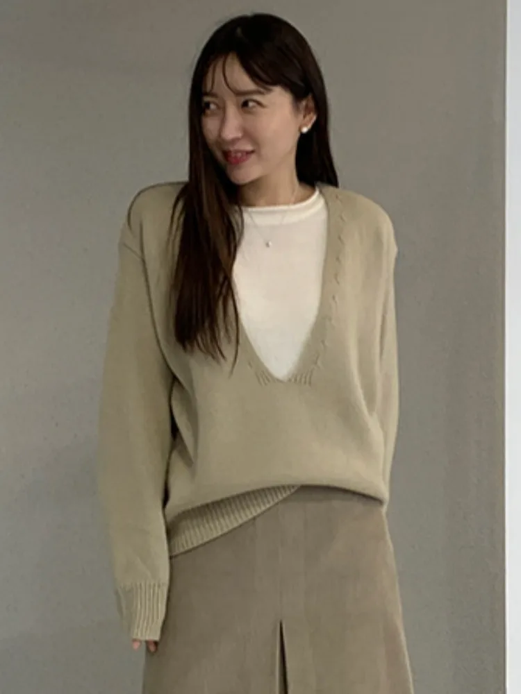 Chique losse casual kleur Blo Long Sve gebreide trui Herfstontwerp Veelzijdige ronde Ne Color gebreide kleding voor dames