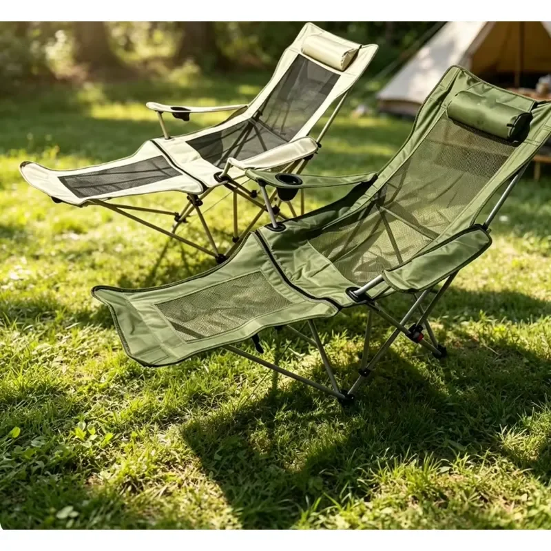 Folding Reclining Chair Stainless Steel Frame Oxford Cloth Breathable Mesh Seat Glamping Style for Outdoor Rest