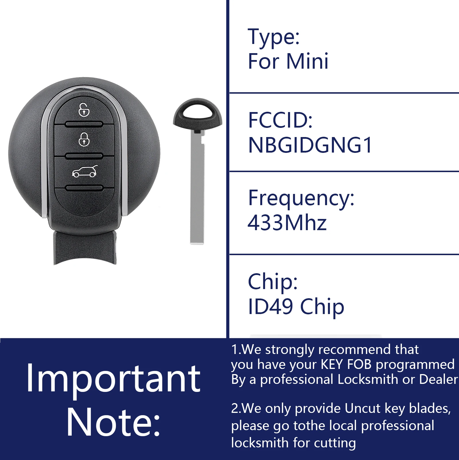 OHMSEN for MINI Cooper 3 Button 433MHz Remote Key Fob FCCID: NBGIDGNG1 Clubman F55 F56 2014-2018 ID49 Chip