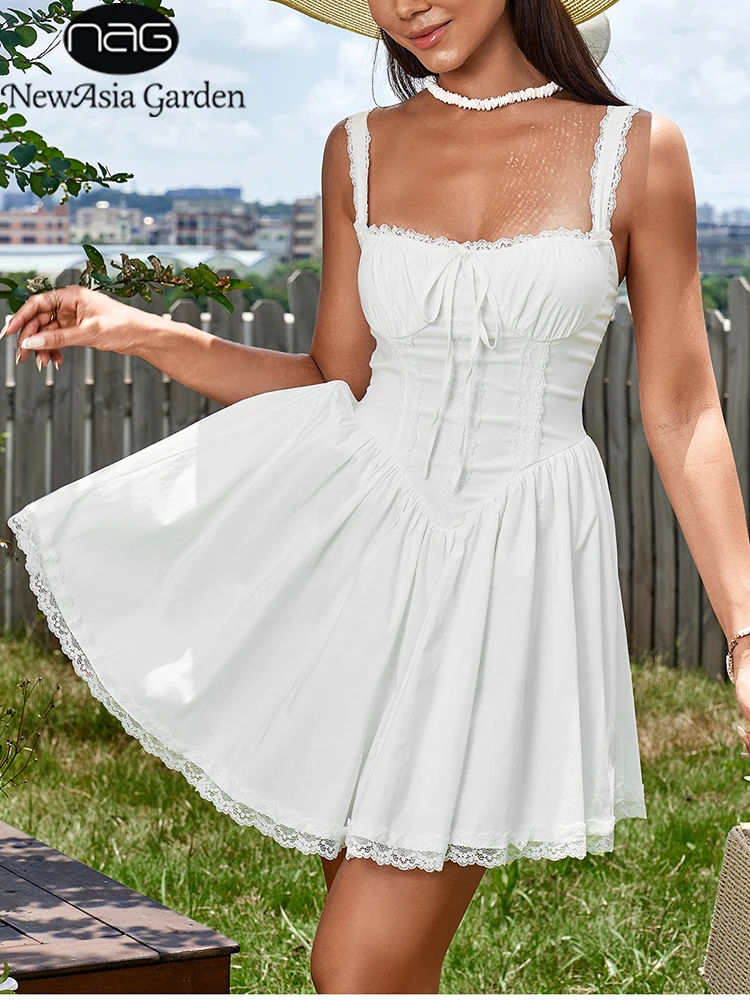 NewAsia-Vestido corto de encaje con tirantes finos para mujer, minivestido con corsé, Espalda descubierta, fruncido, informal, vacaciones, fiesta, Verano