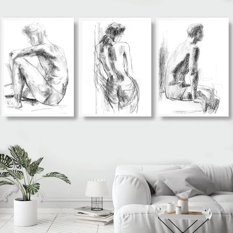 Black and White Man and Woman Sketch Posters and Prints Artistic Art Canvas Painting Wall Art Pictures Home Bar Room Decoration