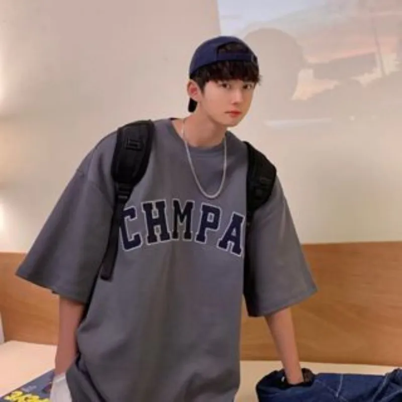 M-8XL Men Oversized Korean Fashion Loose American Vintage Letter Print Short Sleeve Round Neck Versatile Trend Couple Outfit