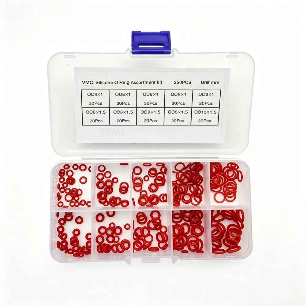 Food Grade Red VMQ Silicone O Ring Kit 250Pcs OD4-10mm High Temp Non-Toxic Waterproof Washers Good Sealing Performan