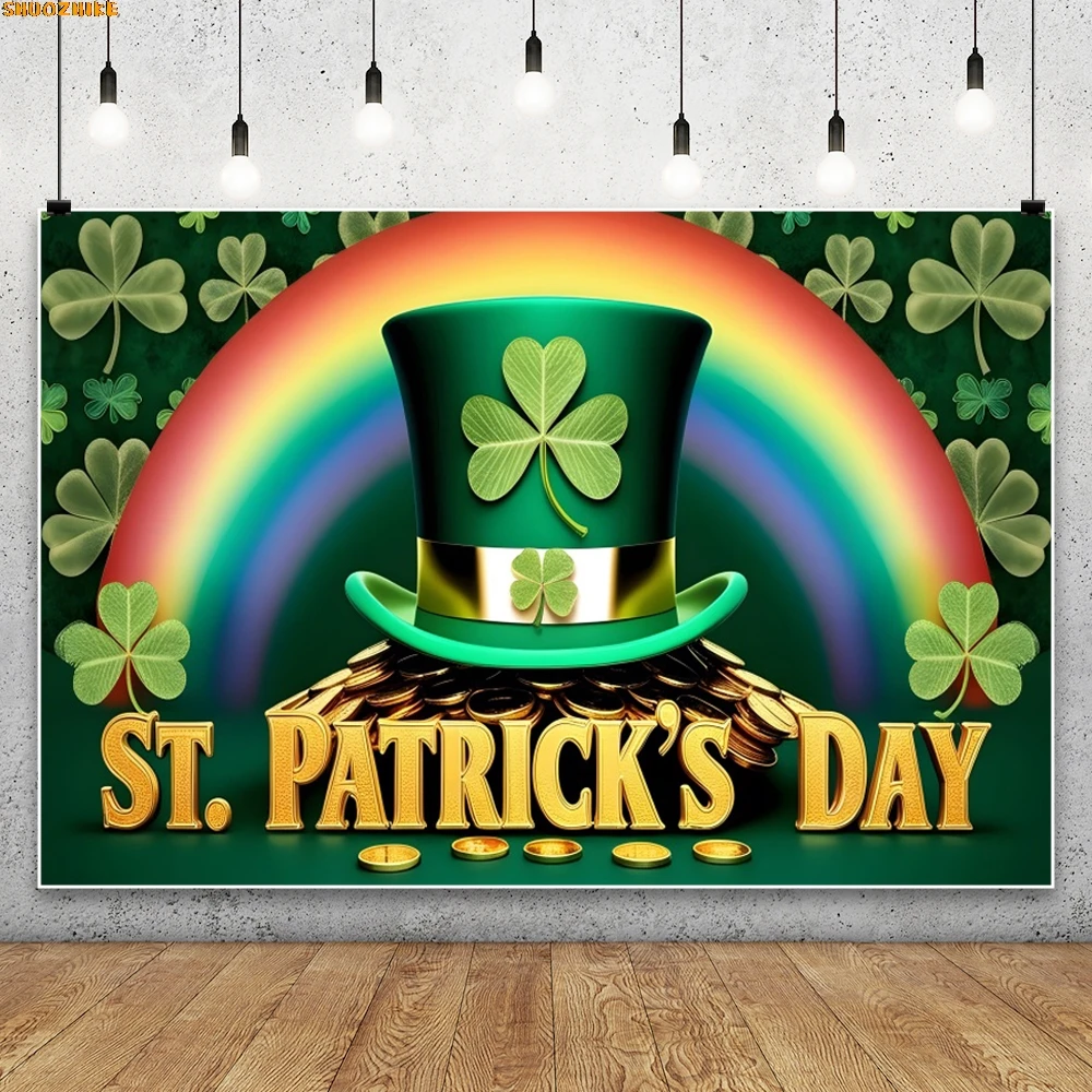 

Happy St. Patrick's Day Backdrop Ireland Spring Lucky Green Shamrock Hat Rainbow Gold Coin Baby Adult Festival Party Background