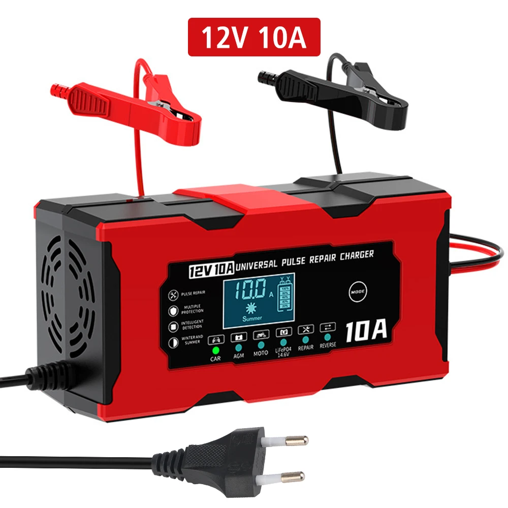 

12V 10A Car Battery Charger Iron Lithium Charger Smart Battery Charging Digital LCD Display Pulse Repair EU/US Plug
