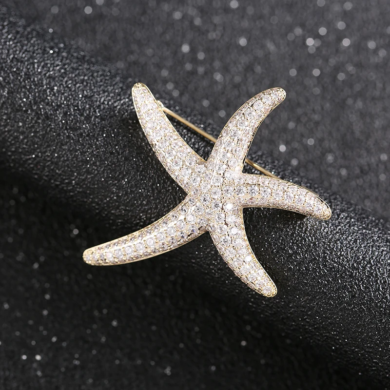 Glimmering Cute Full Zircon Paved Starfish Copper Lapel Pins Golden Brass Brooches Women Girls Dress Coat Suit Jewelry