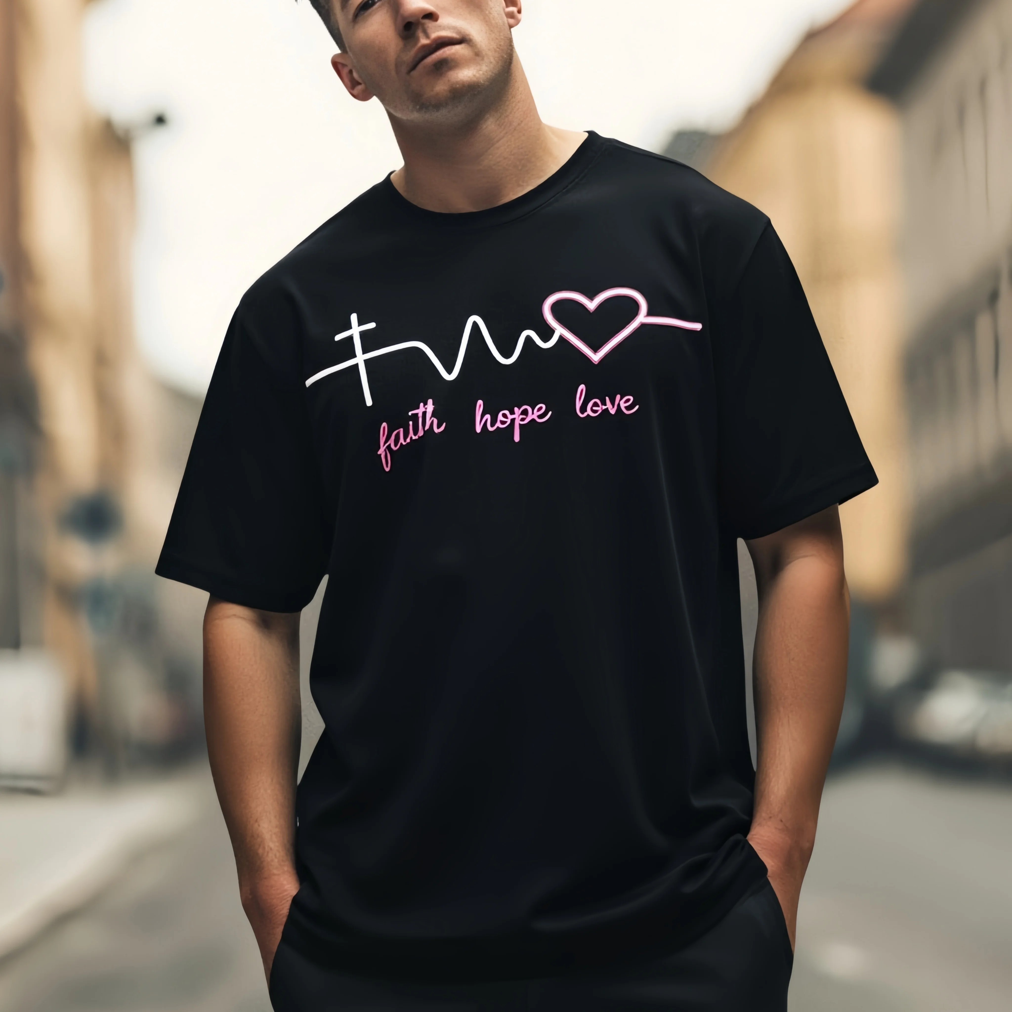 

Мужская повседневная футболка Teevo Faith Hope Love Heartbeat Design Streetwear Повседневная одежда