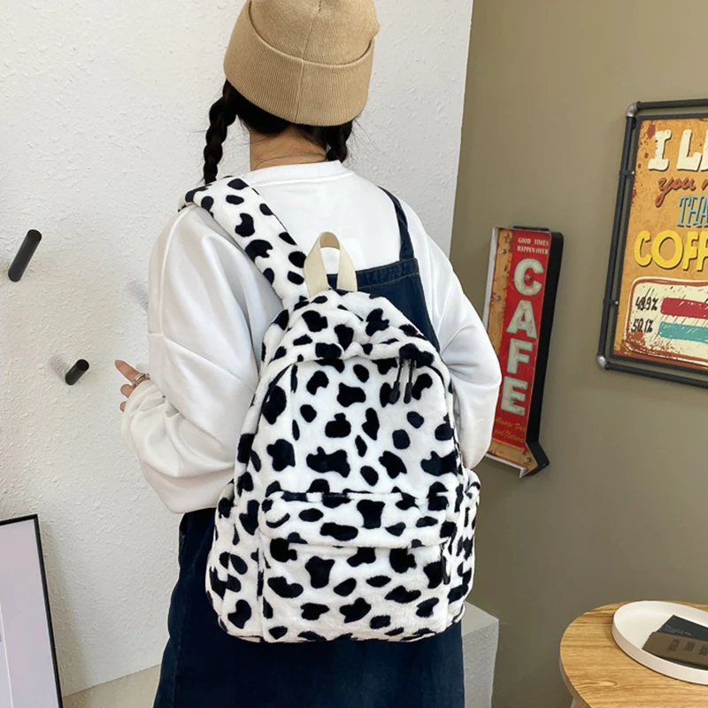 Women's Plush Backbag Fluffy Cute Soft Korean Style Dot Backbag Shopping Female Student Girl Shoulder Bags For Women 2023 New