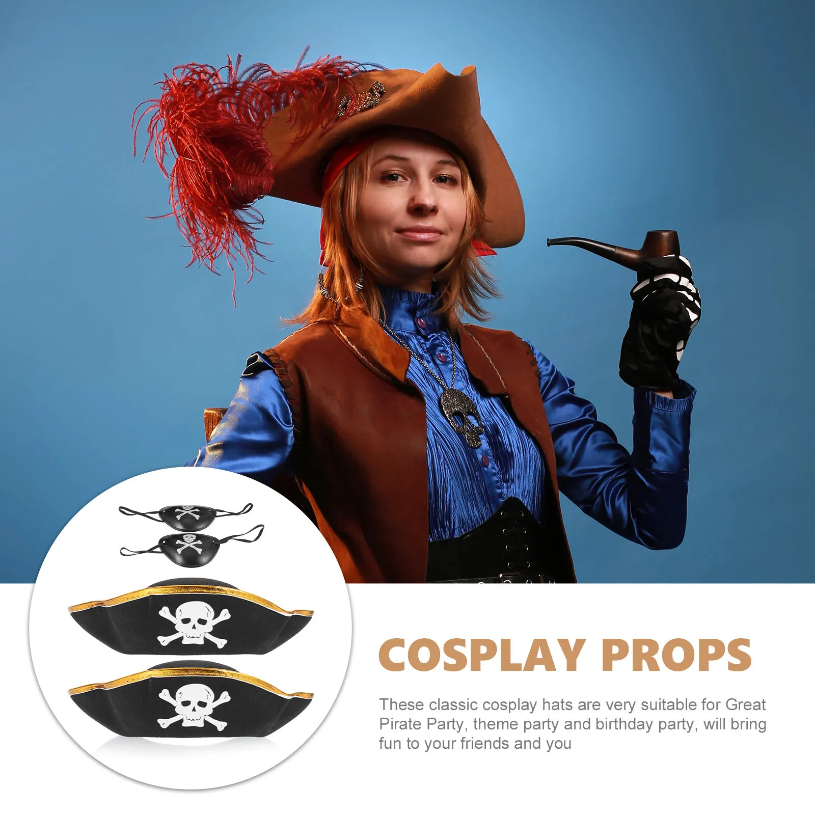 4Pcs Pirate Captain Hat and Eye Patch Combo Skull Themed Comfortable Cosplay Accessories for Dress Up Pirate Party Birthday