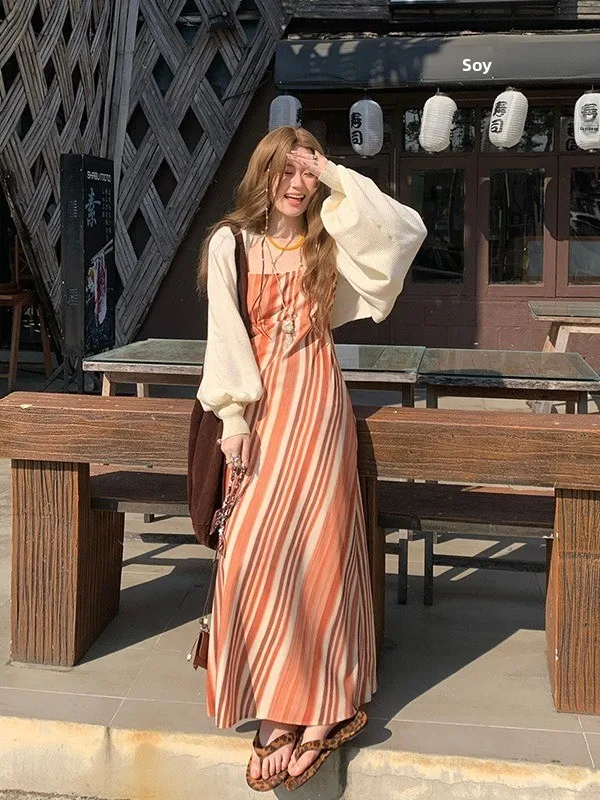 

plus Size Women's Vintage Diagonal Stripe Slimming Strap Dress Summer New Waist Cinching Belly Covering Long Skirt