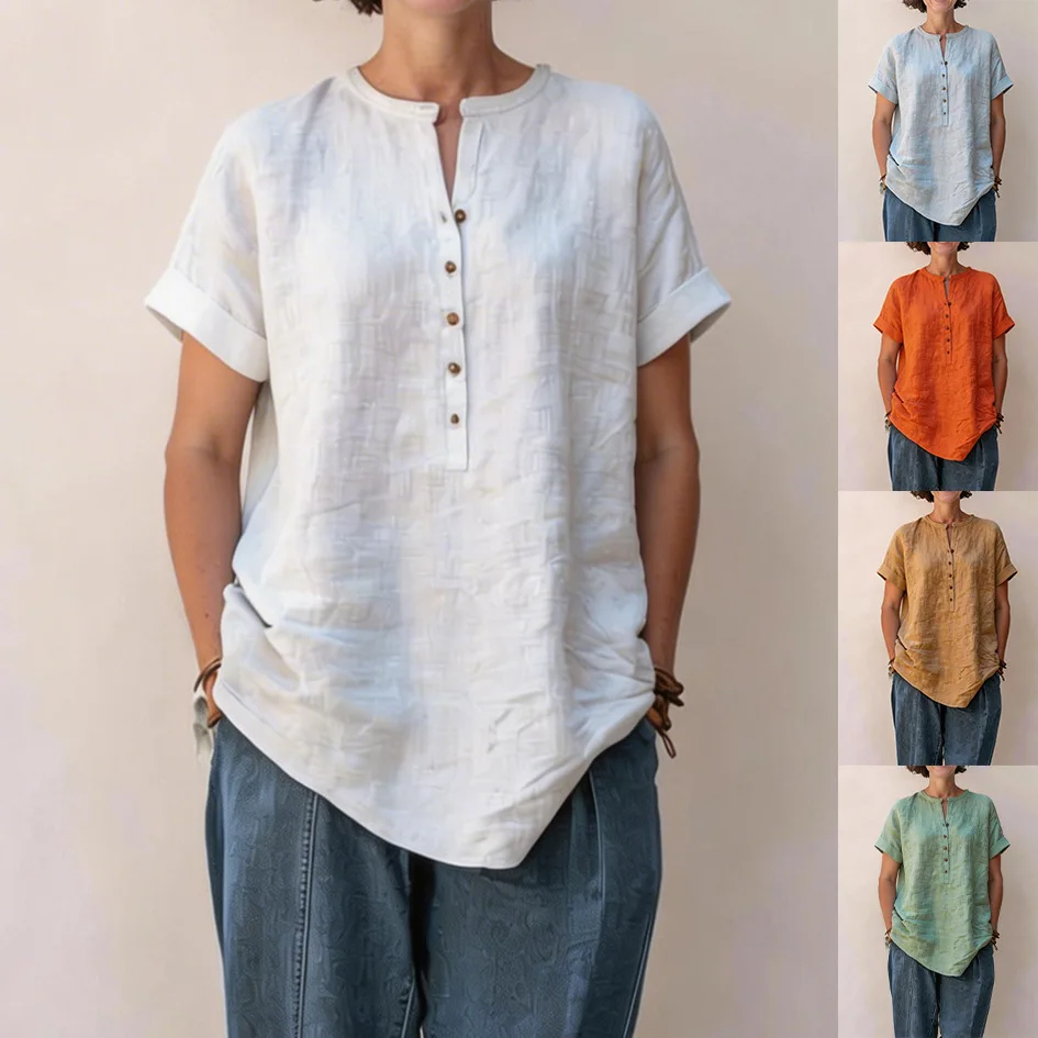 Womens Summer Shirts Casual Cotton Linen Blouses Short Sleeve Button Up Tunic Shirt Ladies Solid Color Blouse Tops Blusas