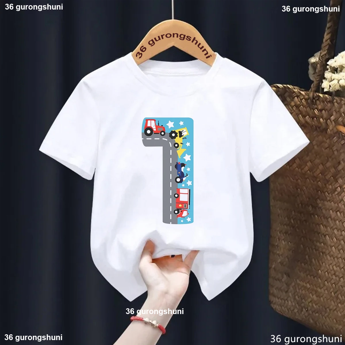 

1th Birthday Car Print Tshirt For Girls/Boys Funny Tractor White/Yellow T Shirt Kawaii Kids Clothes Summer Tops Fashion T-Shirt