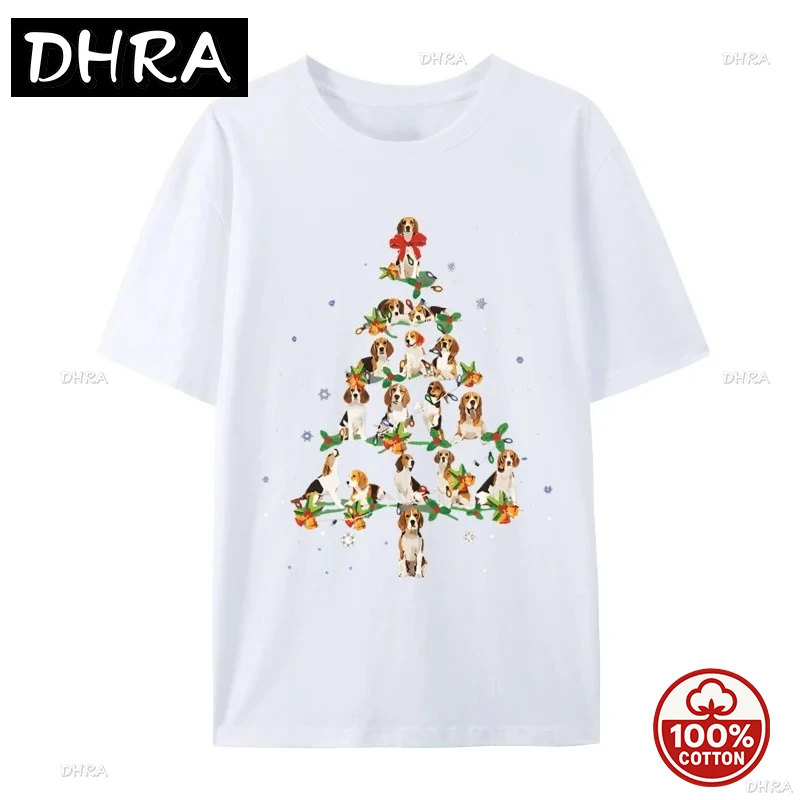 تي شيرت رجالي بيغل شجرة عيد الميلاد سانتا Kawaii تي شيرت على شكل كلب Harajuku ملابس كبيرة الحجم 100% قطن مطبوع ملابس الشارع الشهير